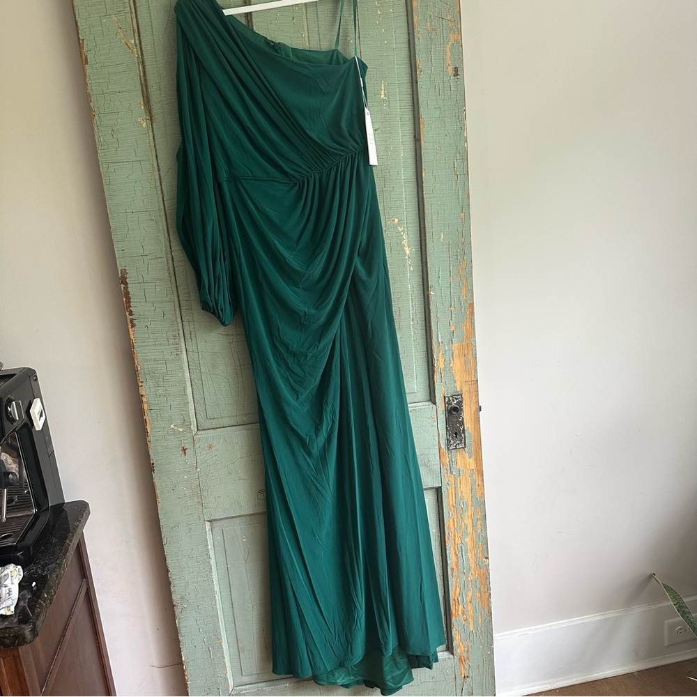 NWT Mac Duggal One Shoulder Puff Sleeve Faux Wrap Gown 10 Emerald Green Dress - Picture 5 of 11